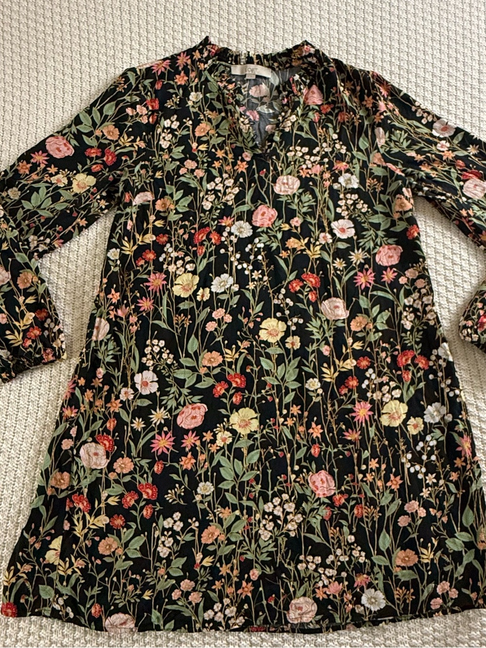 LOFT Black Floral V-Neck Tunic with Multi-Color Blooms